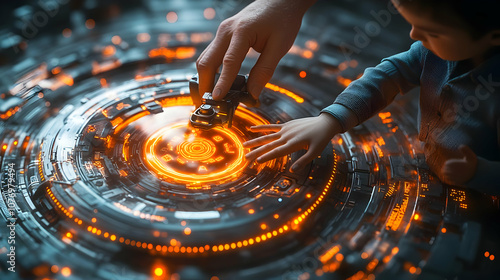 3D Macro Shot Parent Teaching Child Holographic Drone Controller Close Up Image Parent Guiding Child Futuristic Details Emphasizing Bonding Adventure Exploration Ideal for Drone Tech Gadgets Family Ex
