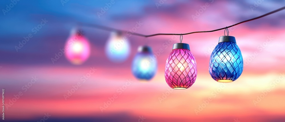 Obraz premium Colorful lanterns glowing against a dreamy pastel sky at dusk, creating a magical ambiance.