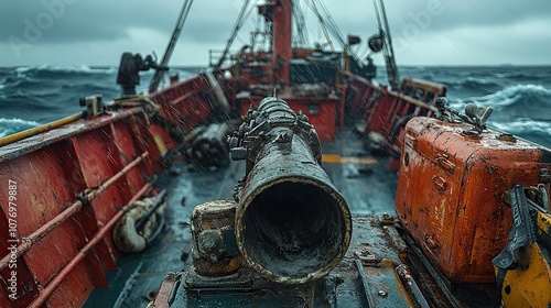 A harpoon gun on a whale catcher, recalling historic whaling practices that contributed to the depletion of marine species photo