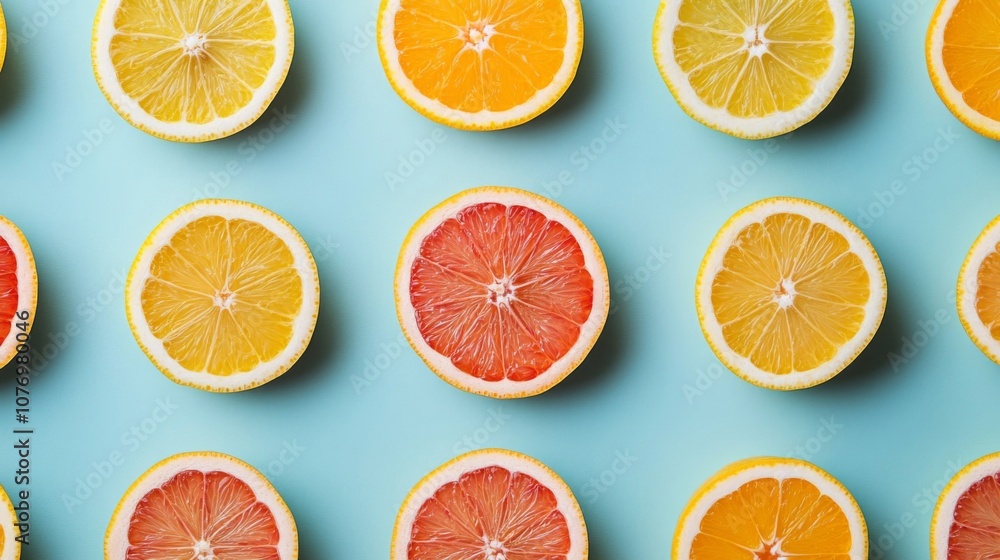 Fototapeta premium Citrus Fruit Halves in a Pattern on a Blue Background