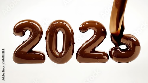 Date of the New Year 2025 made of melted chocolate. Created with Generative AI.