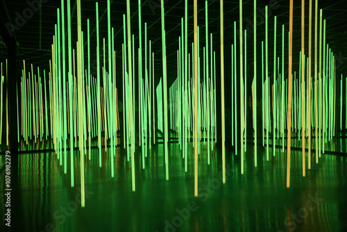 The mirror maze is illuminated with bright green colored lights.  Colorful LED lights in infinity mirror room.