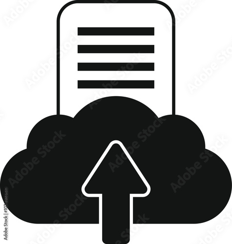 Simple black icon depicting a document being uploaded to a cloud server, symbolizing data storage and online backup