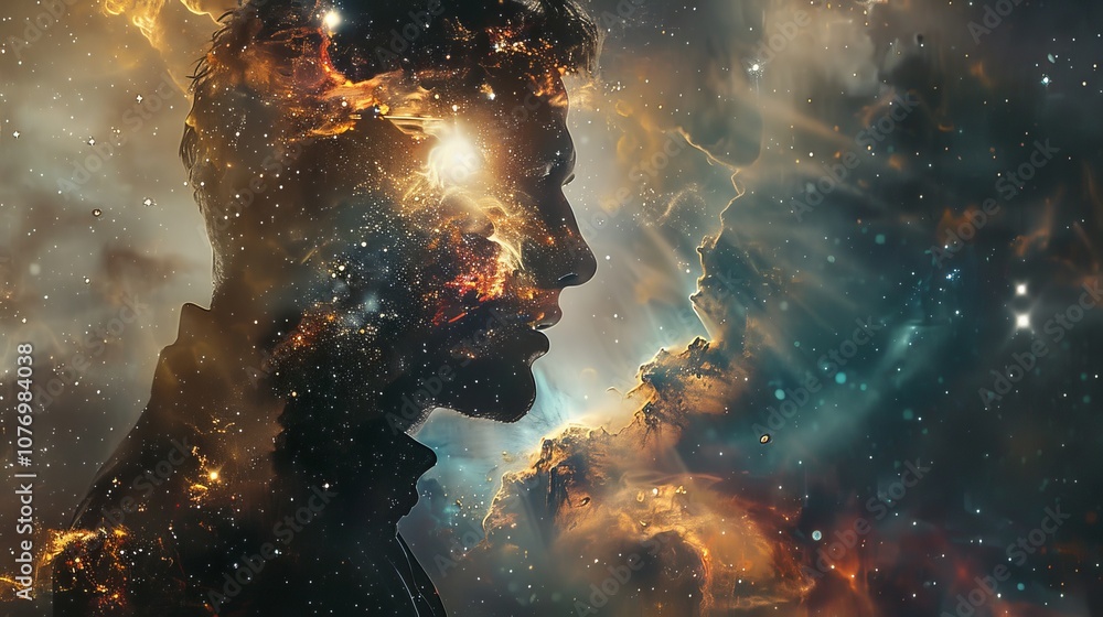 Fototapeta premium A man's silhouette is superimposed over a vibrant nebula, creating a stunning, cosmic portrait.