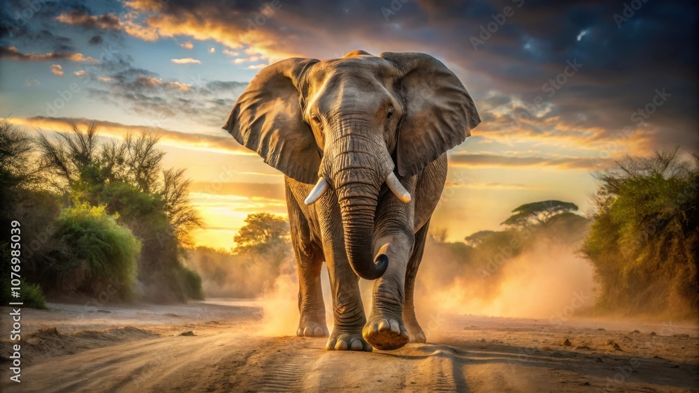 Fototapeta premium A majestic African elephant walks through a dusty path towards a golden sunset, casting a long shadow as it moves forward.