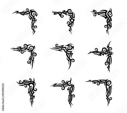 Tribal celtic or maori tattoo. Vector set of black corners or decorative borders in ancient folk style with curves or swirls. Traditional monochrome tribal celtic or maori ornaments, patterns or signs