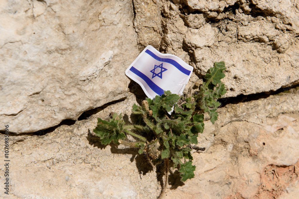 Tiny Israeli flag clinging to a stone wall in Jerusalem.