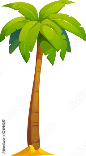 Cartoon jungle coconut or banana palm tree and tropical plant from paradise beach, vector icon. Coconut or banana and exotic fruit palm tree growing from sand for Hawaii vacation or Caribbean island