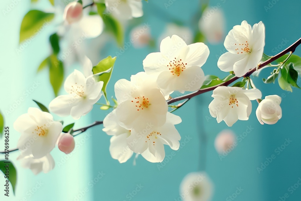 Fototapeta premium Delicate white flowers bloom on a branch against a soft blue background, creating a serene and tranquil atmosphere.