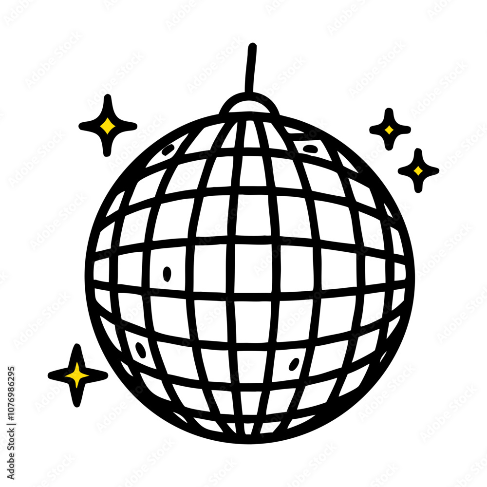 Black and yellow doodle art icon of a disco ball for New Year's celebrations Black and yellow doodle art icon of a disco ball for New Year's celebrations