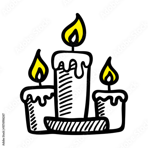 Black and yellow doodle art icon of a candle for holiday decor and festive ambiance