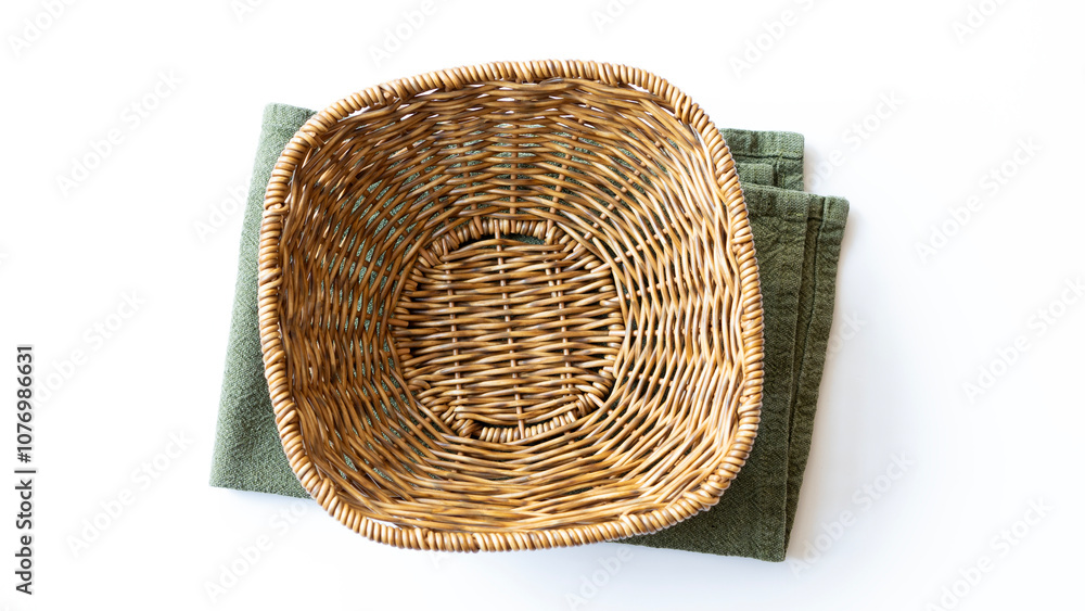 Fototapeta premium Empty wicker basket on a white background. Top view.