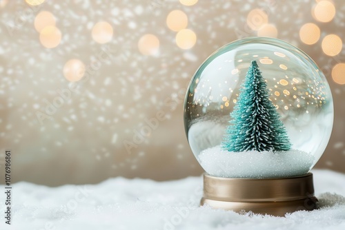 A snow globe featuring a miniature tree, surrounded by artificial snow, with a soft bokeh background creating a festive atmosphere.