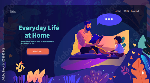 Father reading book to child cozy home scene dark background colorful leaves website design template