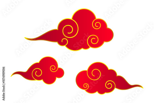 Vector illustration of red and golden asian clouds on transparent background
