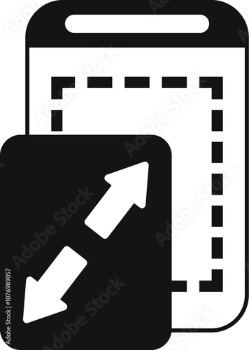 Resizing tool on smartphone screen, expanding and shrinking arrows, simple black and white design