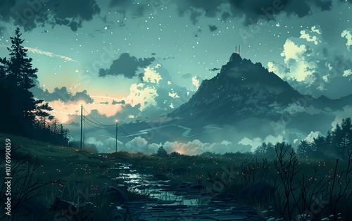 Majestic Mountain Landscape Under Starry Sky at Twilight