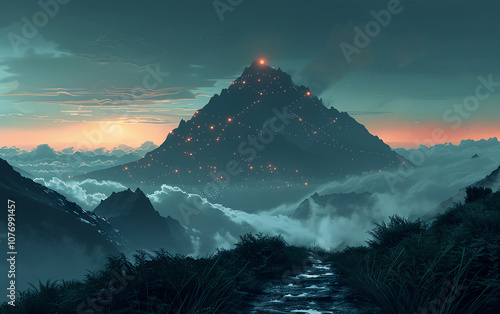 Majestic Mountain Landscape Under Starry Sky at Twilight