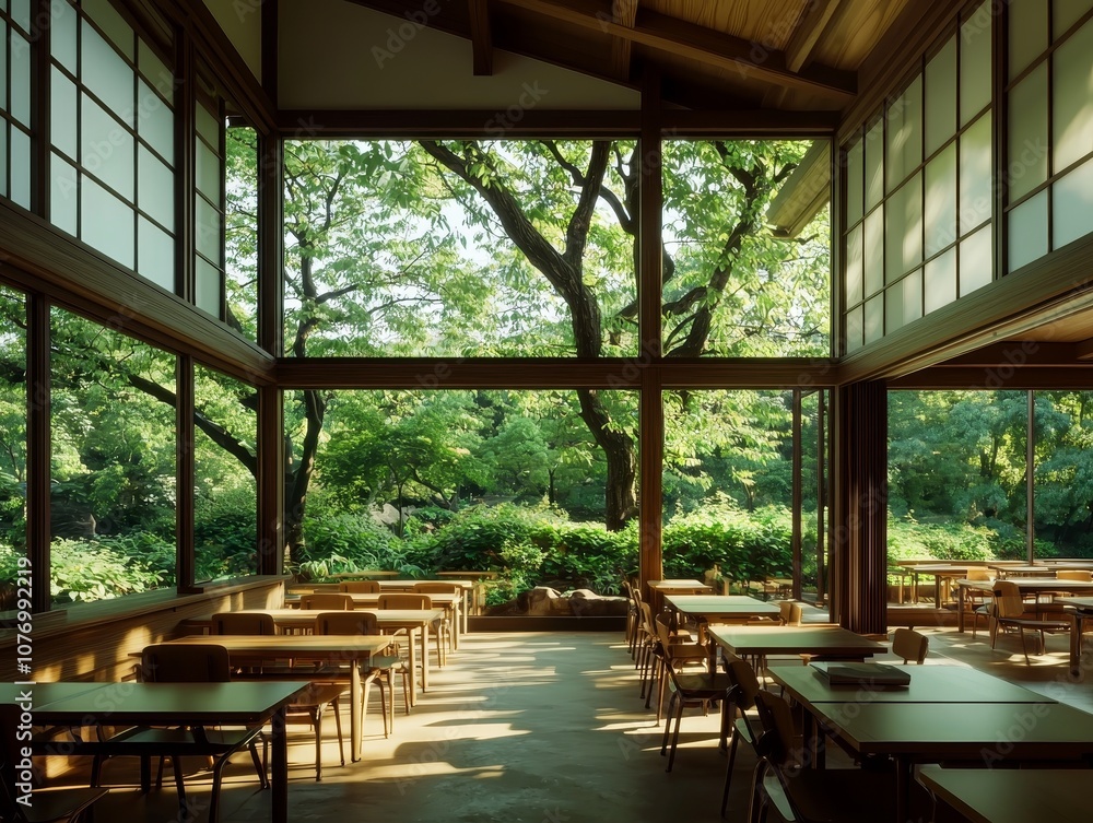 Fototapeta premium Serenity of Nature Tranquil Indoor Space with Greenery Views, Minimalist Design Tables and Chairs in Warm Wood and Soft Light - Ideal for Interior Design Inspiration
