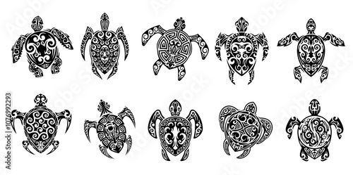 Maori tribal turtle reptile animal tattoo. Mayan Aztec totem signs represent longevity, wisdom and stability. Isolated vector black tortoise sacral symbolic, ornate, and symmetrical tribal art motifs