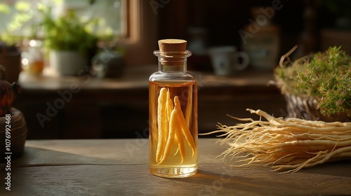 Glass bottle filled with infused yellow chili oil and fresh ginseng roots placed on a rustic wooden table in a warm, cozy setting with natural light streaming in
