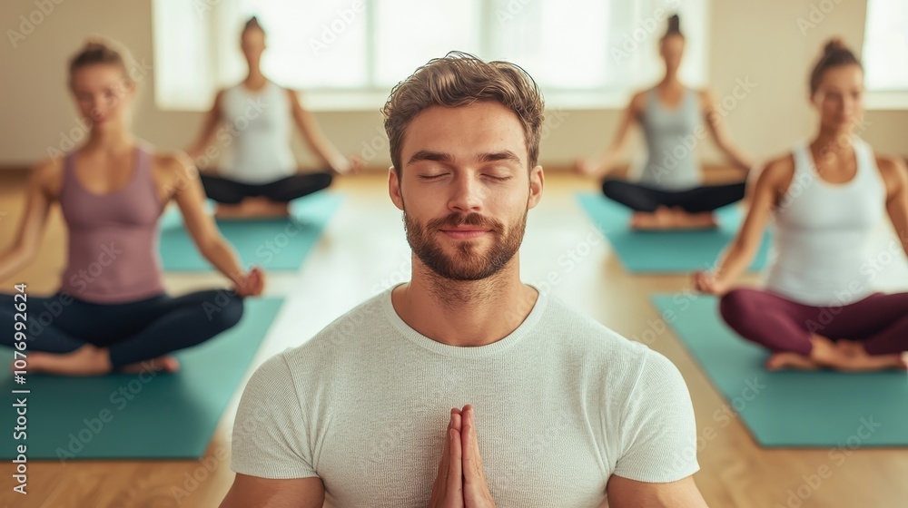 Serene Meditation in Yoga Studio with Blurred Figures Background - Peaceful Mindfulness Practice Serene Meditation in Yoga Studio with Blurred Figures Background - Peaceful Mindfulness Practice