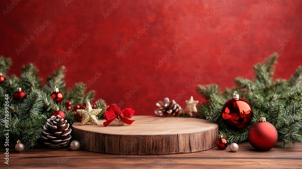 Fototapeta premium Christmas decorations forming a frame around a wooden podium on a red background