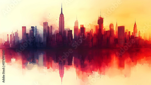 Cityscape Watercolor Illustration with Reflection