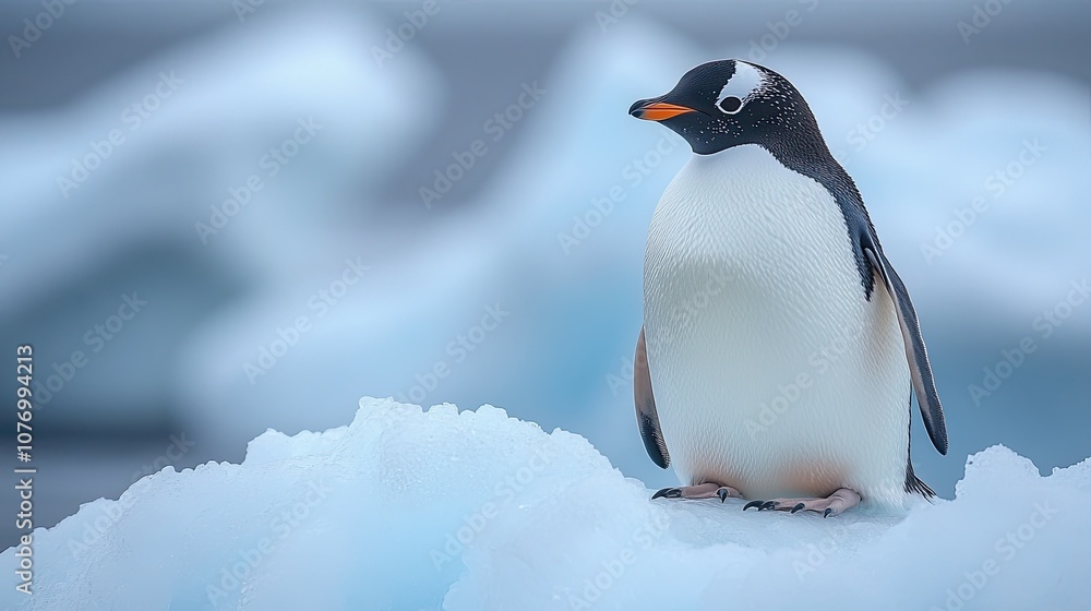 Obraz premium A lone gentoo penguin stands atop an iceberg in a vast, frozen landscape, symbolizing the isolation the Antarctic environment