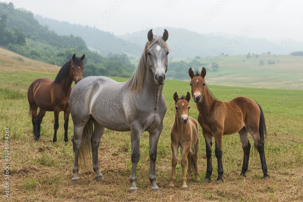 Fototapeta premium Serenity in Symmetry Majestic Horses Grazing in Tranquil Meadow Under Hazy Sky Peaceful Equine Family Portrait