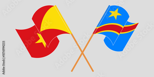 Crossed and waving flags of Tigray and Democratic Republic of the Congo. Vector illustration