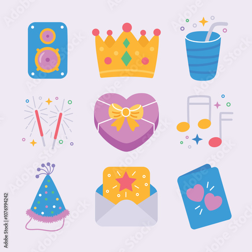 set of icons for a party and birthday: speaker, card, crown, drink, birthday hat, and sparklers
