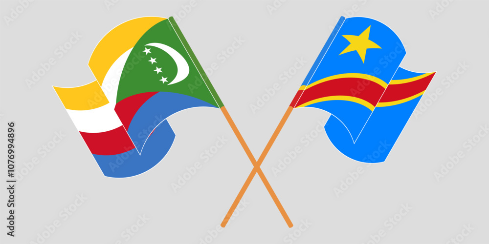 Obraz premium Crossed and waving flags of the Comoros and Democratic Republic of the Congo. Vector illustration