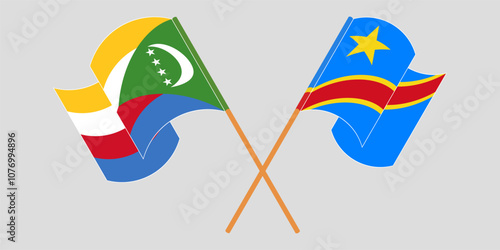 Crossed and waving flags of the Comoros and Democratic Republic of the Congo. Vector illustration