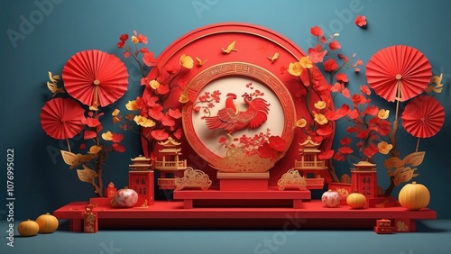 A 3D rendition of a platform display with gong xi fa cai and hand paper fans during the Chinese New Year or The middle of october festival photo