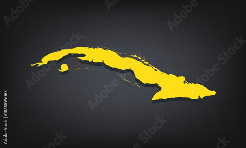 Yellow 3D Map of cuba on a Dark Background, Displaying Geographical Shape and Borders for Educational and Informational