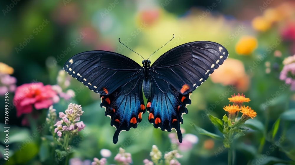 Obraz premium Vibrant butterfly garden showcasing diverse species, intricate wing patterns displayed on blossoms, a serene haven of color and nature's beauty.