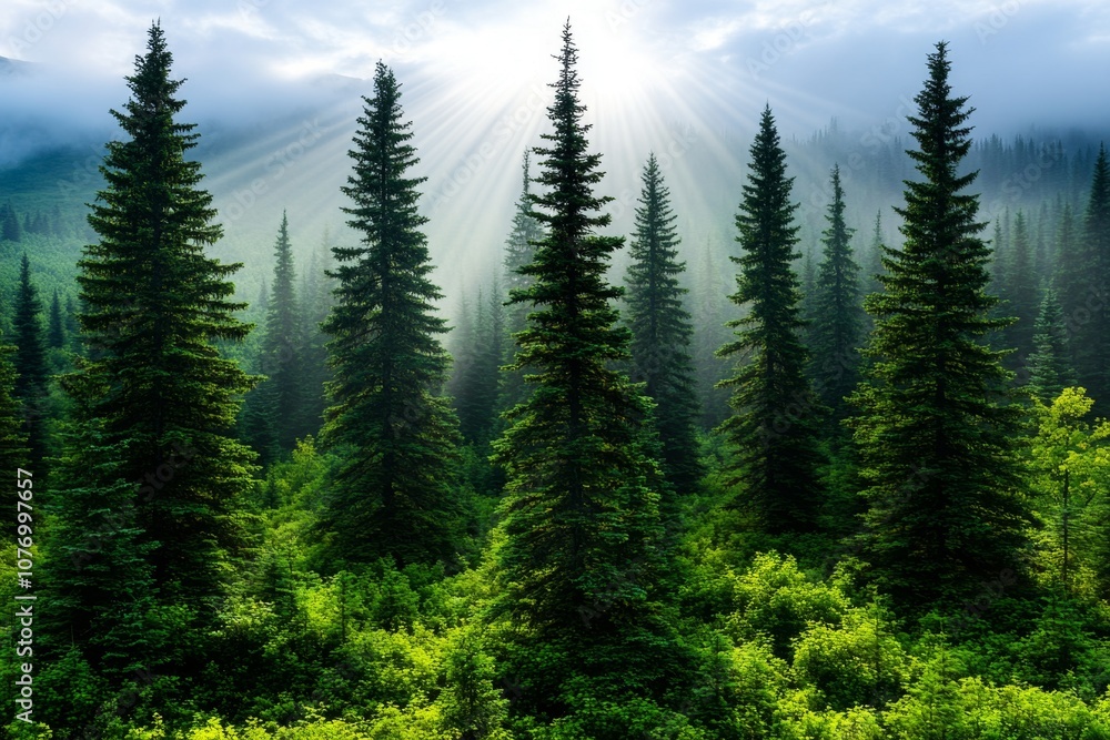 Fototapeta premium Foggy morning landscape in a dense forest, with soft light filtering through tall pine trees