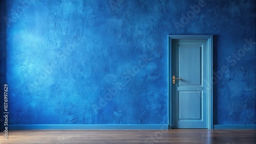 A closed blue door with a gold handle set against a textured blue wall with a wood floor