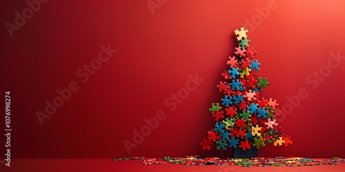 A Christmas tree constructed out of jigsaw pieces with a red coloration seen from above and up close with a large writing area for background or content usage, Generative AI.