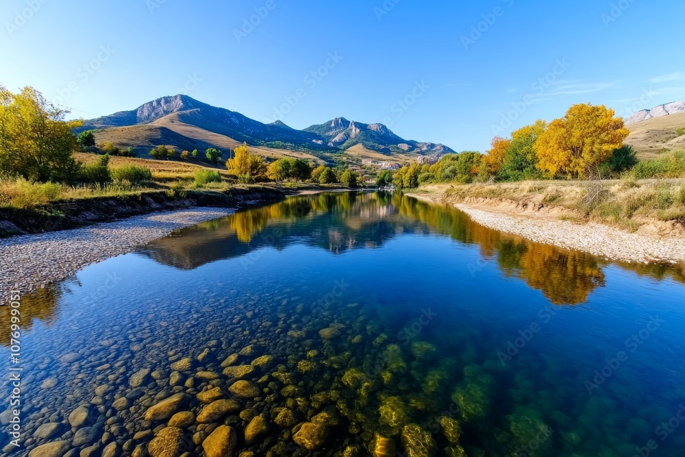 Naklejka premium Landscape of a calm river flowing through a valley, with reflections of trees and hills on the water