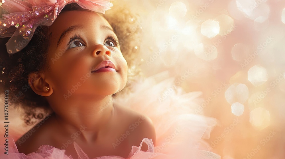 Adorable Young Girl in Soft Pink Tulle Dress with Sparkling Bow, Looking Up with Wonder, Isolated Against Blurred Light Background. Perfect for concepts of innocence, childhood wonder, and joy Adorable Young Girl in Soft Pink Tulle Dress with Sparkling Bow, Looking Up with Wonder, Isolated Against Blurred Light Background. Perfect for concepts of innocence, childhood wonder, and joy
