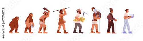 Vector graphic tracing the evolution of man from primitive cavemen to modern humans