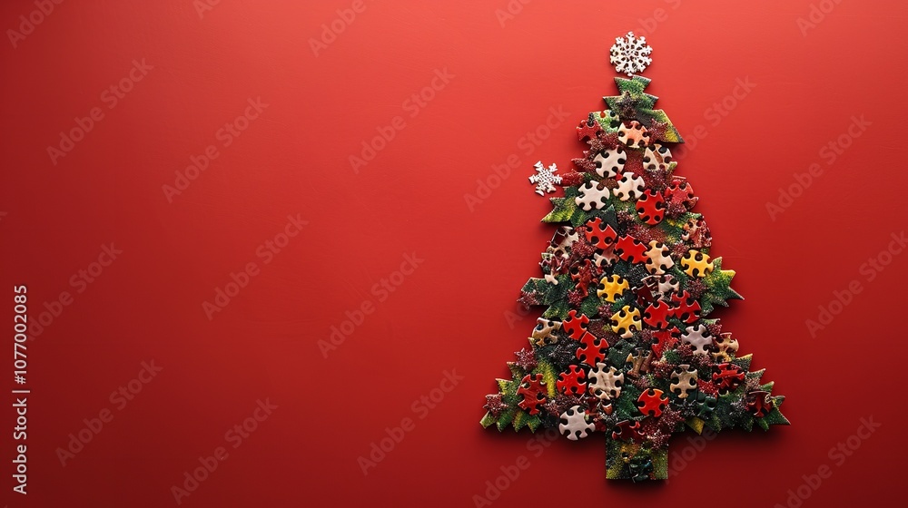 A Christmas tree constructed out of jigsaw pieces with a red coloration seen from above and up close with a large writing area for background or content usage, Generative AI. A Christmas tree constructed out of jigsaw pieces with a red coloration seen from above and up close with a large writing area for background or content usage, Generative AI.