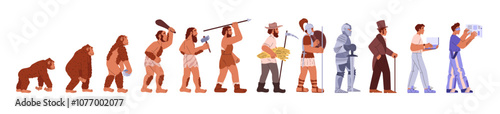 Human evolution vector infographics, monkey, primitive caveman, stone ages male, ancient caveman, medieval, future man