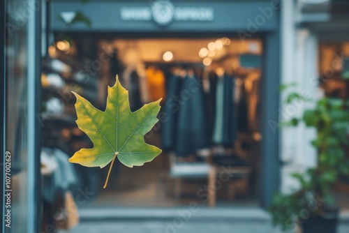 Single Green Maple Leaf Against a Blurry Storefront Background photo