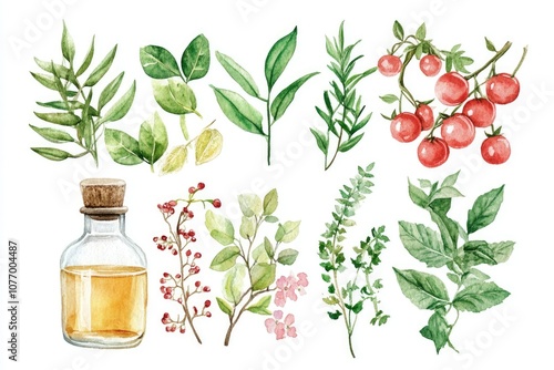 Watercolor Illustration of Medicinal Plant Hydnocarpus Anthelminthicus for Skin Treatment and Health Remedies photo