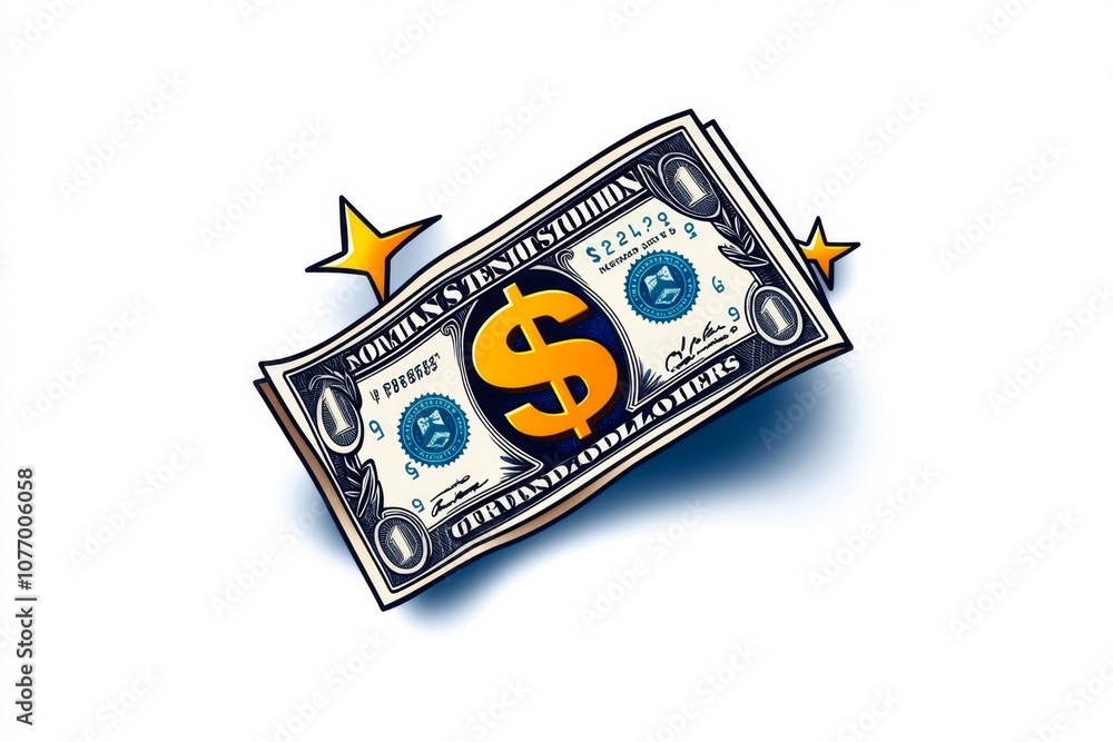 Obraz premium A 2D illustration of a dollar bill with colorful details on a plain white background