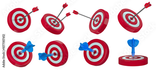 Target hit. Dartboard or bullseye targets with darts and arrows. Targeting goal and direct aim concept. Hitting the target 3D various angles vector illustration set.