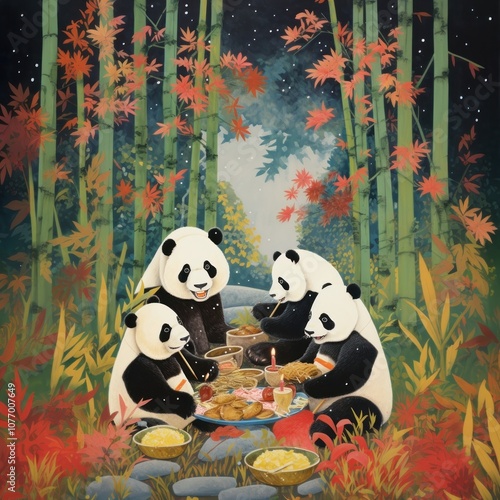 Pandas eatng bamboo picnic nature bear representation. photo